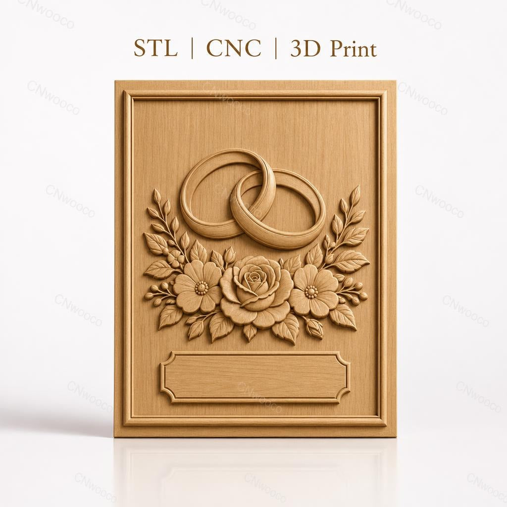 Fichier CNC & impression 3D thème mariage, bagues entrelacées et bouquet floral, haute qualité relief STL
