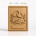 Fichier CNC & impression 3D thème mariage, bagues entrelacées et bouquet floral, haute qualité relief STL