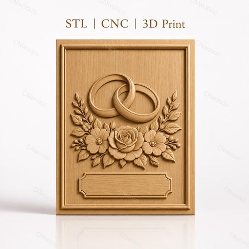 Fichier CNC & impression 3D thème mariage, bagues entrelacées et bouquet floral, haute qualité relief STL