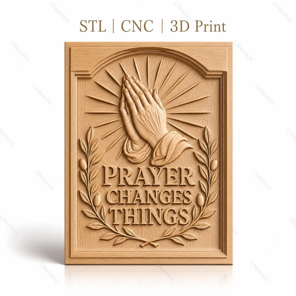 Fichier CNC & impression 3D message prière mains jointes et couronne de feuilles, haute qualité relief STL