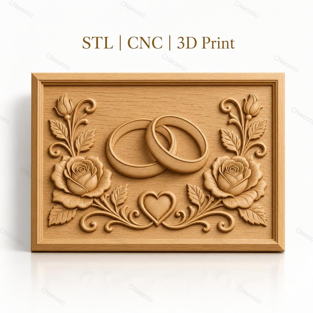 Fichier CNC & impression 3D thème mariage, bagues entrelacées, roses et cœur, haute qualité relief STL