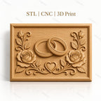 Fichier CNC & impression 3D thème mariage, bagues entrelacées, roses et cœur, haute qualité relief STL
