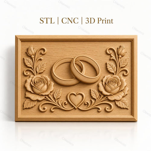 Fichier CNC & impression 3D thème mariage, bagues entrelacées, roses et cœur, haute qualité relief STL