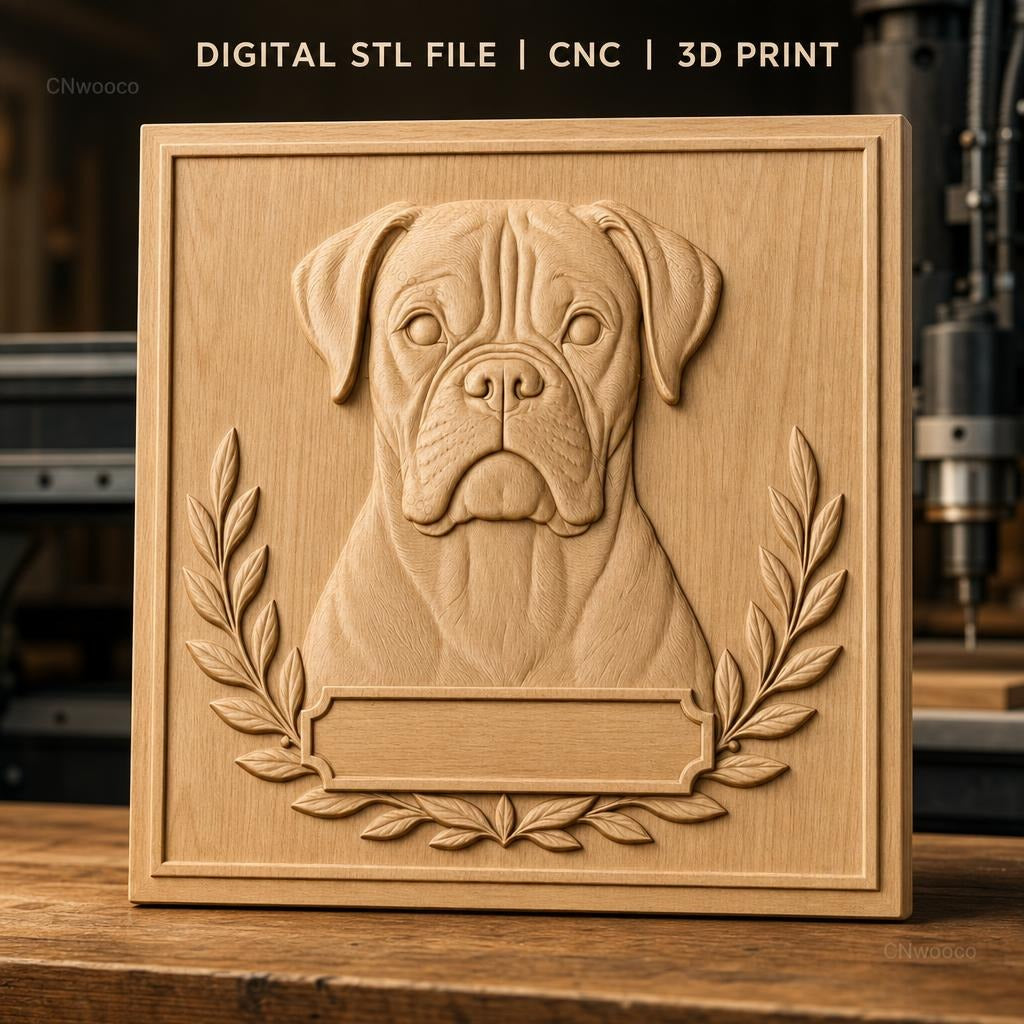 Fichier CNC & impression 3D chien boxer portrait cadre feuilles décoration haute qualité relief STL