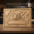 Fichier CNC & impression 3D casque pompier, haches croisées et flammes, haute qualité relief STL