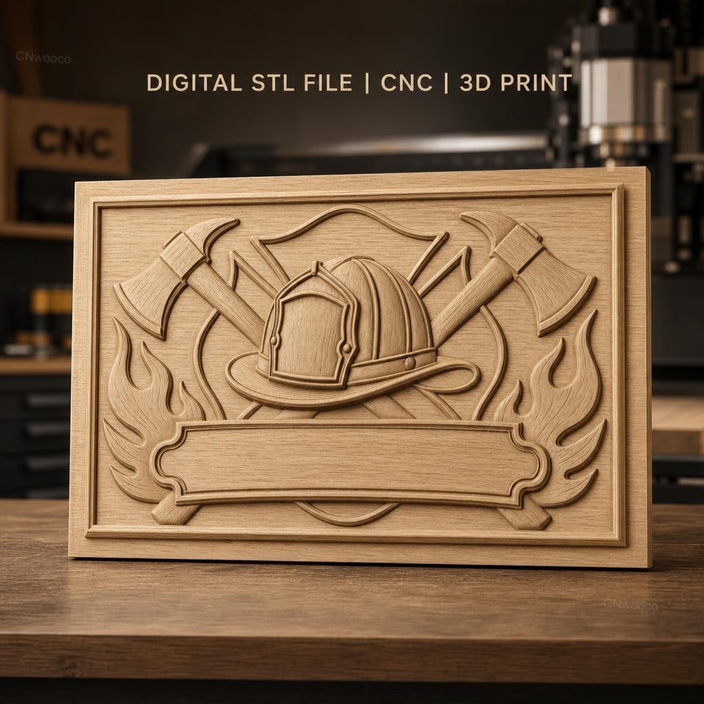 Fichier CNC & impression 3D casque pompier, haches croisées et flammes, haute qualité relief STL