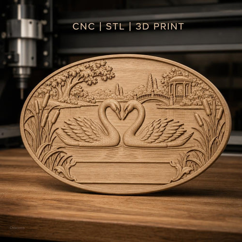 Fichier CNC & impression 3D cygnes sur lac, pont et pavillon, haute qualité relief STL