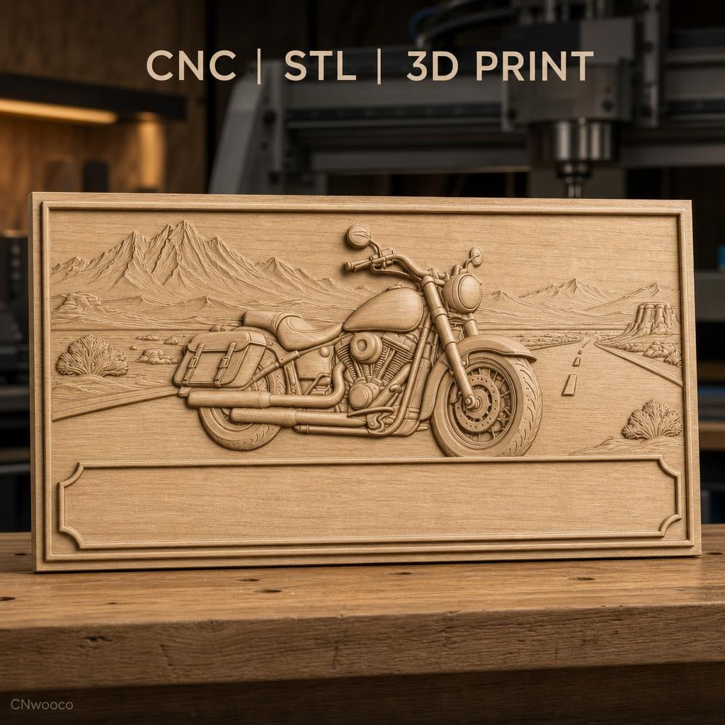 Fichier CNC & impression 3D moto cruiser, route désert montagne paysage, haute qualité relief STL