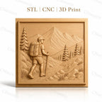 Fichier CNC & impression 3D randonnée montagne, marcheur avec sac à dos et paysage naturel, haute qualité relief STL