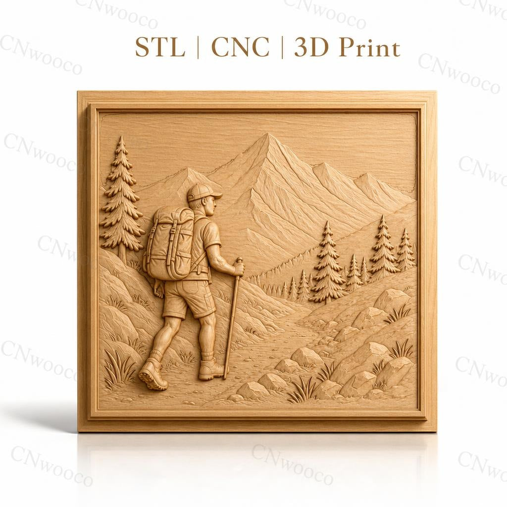 Fichier CNC & impression 3D randonnée montagne, marcheur avec sac à dos et paysage naturel, haute qualité relief STL
