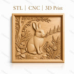 Fichier CNC & impression 3D lapin dans la nature avec fleurs et arbre, haute qualité relief STL