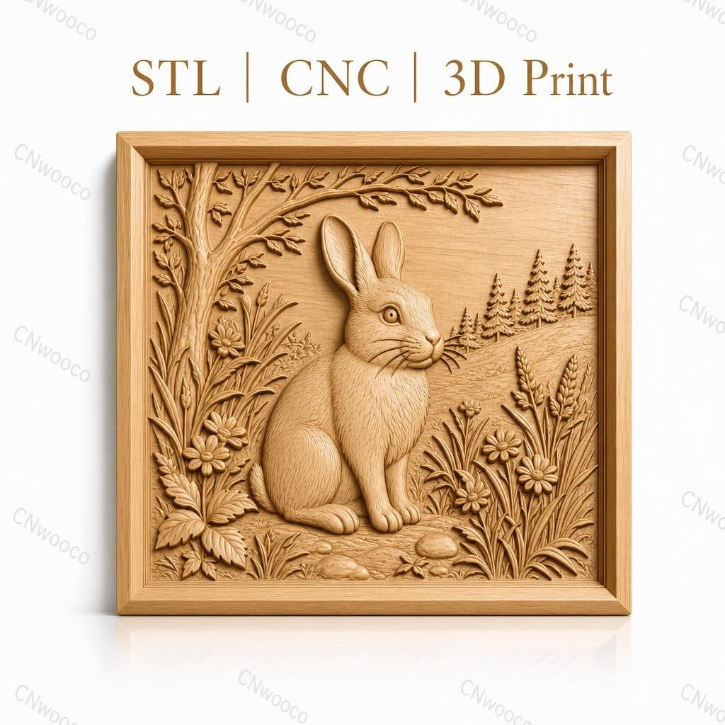 Fichier CNC & impression 3D lapin dans la nature avec fleurs et arbre, haute qualité relief STL