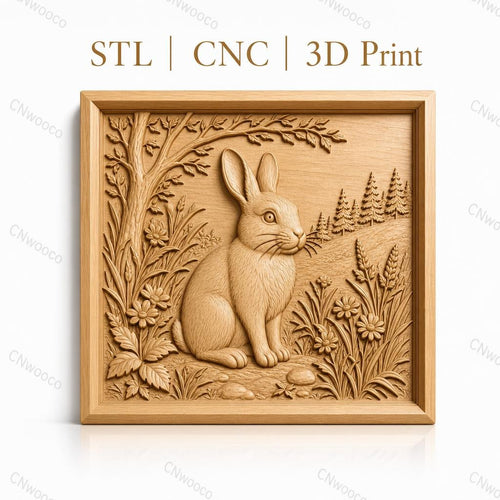 Fichier CNC & impression 3D lapin dans la nature avec fleurs et arbre, haute qualité relief STL