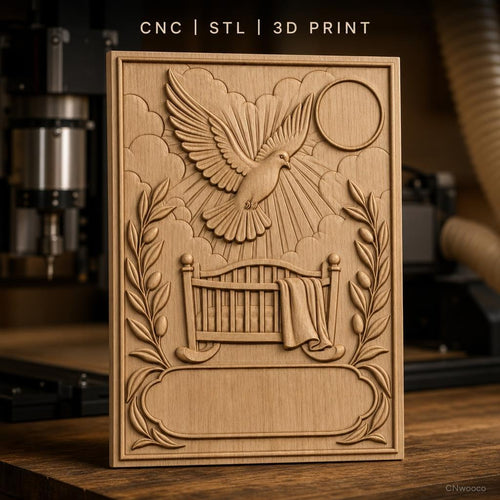 Fichier CNC & impression 3D berceau avec colombe, soleil, branches d'olivier, haute qualité relief STL