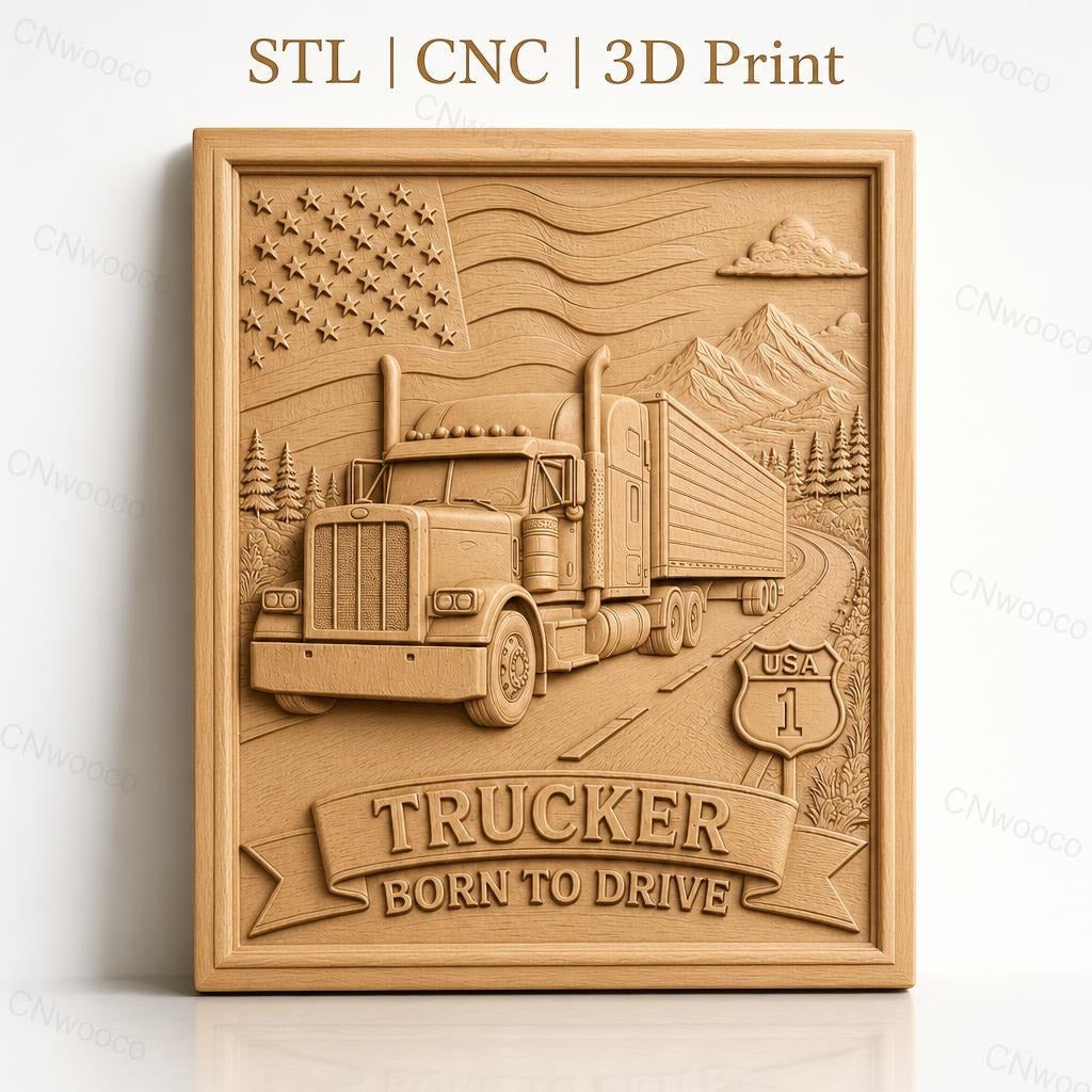 Fichier CNC & impression 3D camion routier, drapeau américain, montagne, route USA haute qualité relief STL