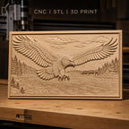 Fichier CNC & impression 3D aigle en vol, rivière, forêt, montagne, maison, pont, haute qualité relief STL