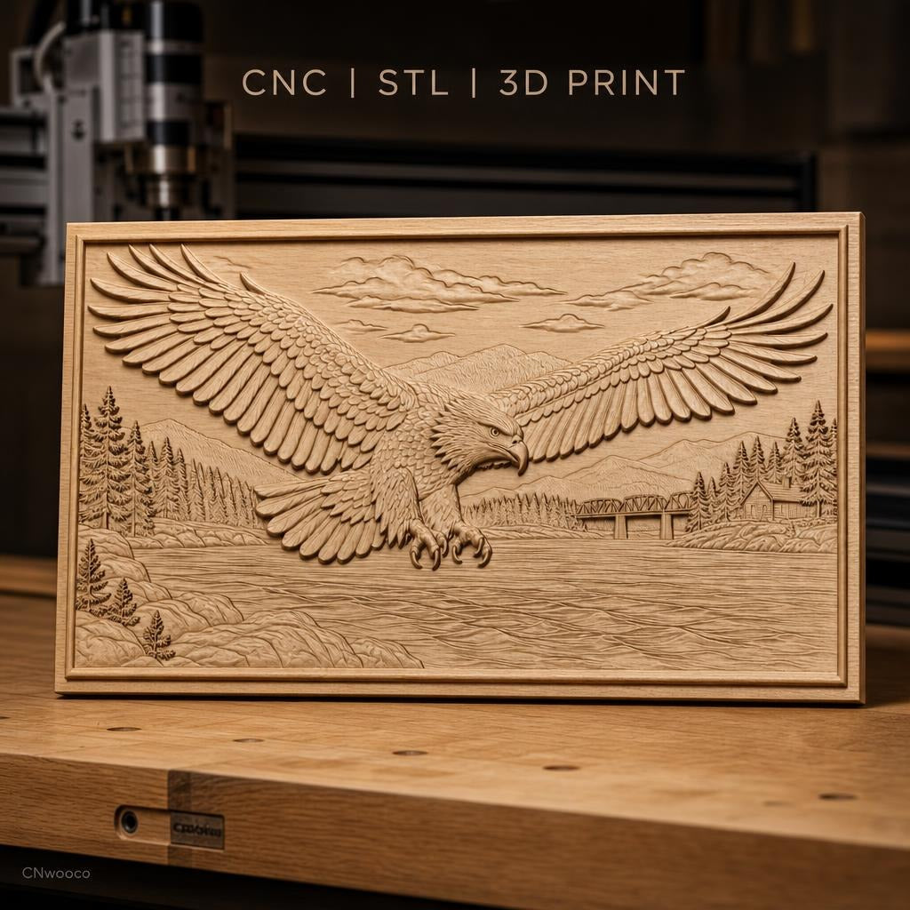 Fichier CNC & impression 3D aigle en vol, rivière, forêt, montagne, maison, pont, haute qualité relief STL