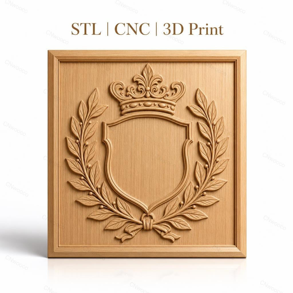 Fichier CNC & impression 3D blason couronne et feuilles, haute qualité relief STL