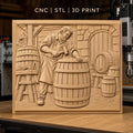 Fichier CNC & impression 3D tonnelier en action, barils en bois et atelier de fabrication, haute qualité relief STL