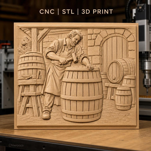 Fichier CNC & impression 3D tonnelier en action, barils en bois et atelier de fabrication, haute qualité relief STL