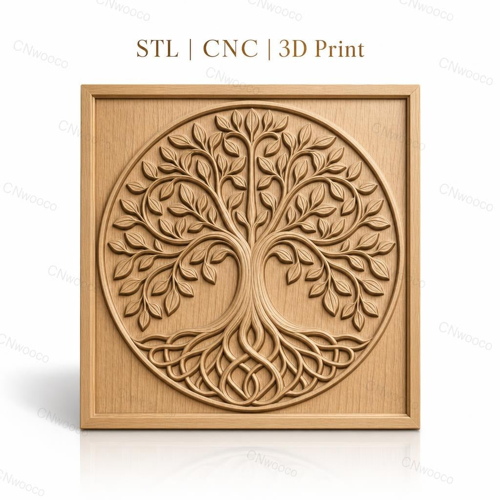 Fichier CNC & impression 3D arbre de vie, feuilles et racines entrelacées, haute qualité relief STL