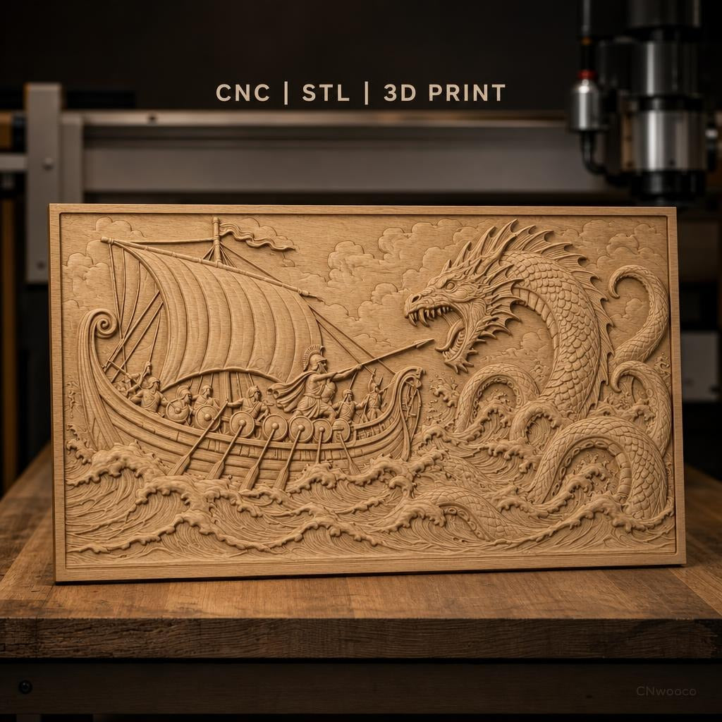 Fichier CNC & impression 3D combat légendaire entre guerriers viking et dragon de mer, haute qualité relief STL