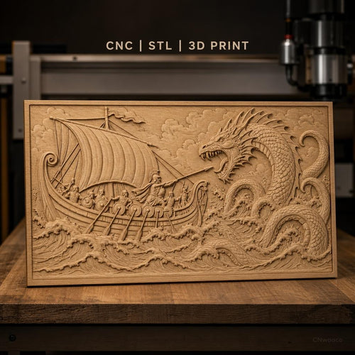 Fichier CNC & impression 3D combat légendaire entre guerriers viking et dragon de mer, haute qualité relief STL