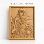 Fichier CNC & impression 3D guerrier viking, hache et bouclier avec motif dragon, haute qualité relief STL