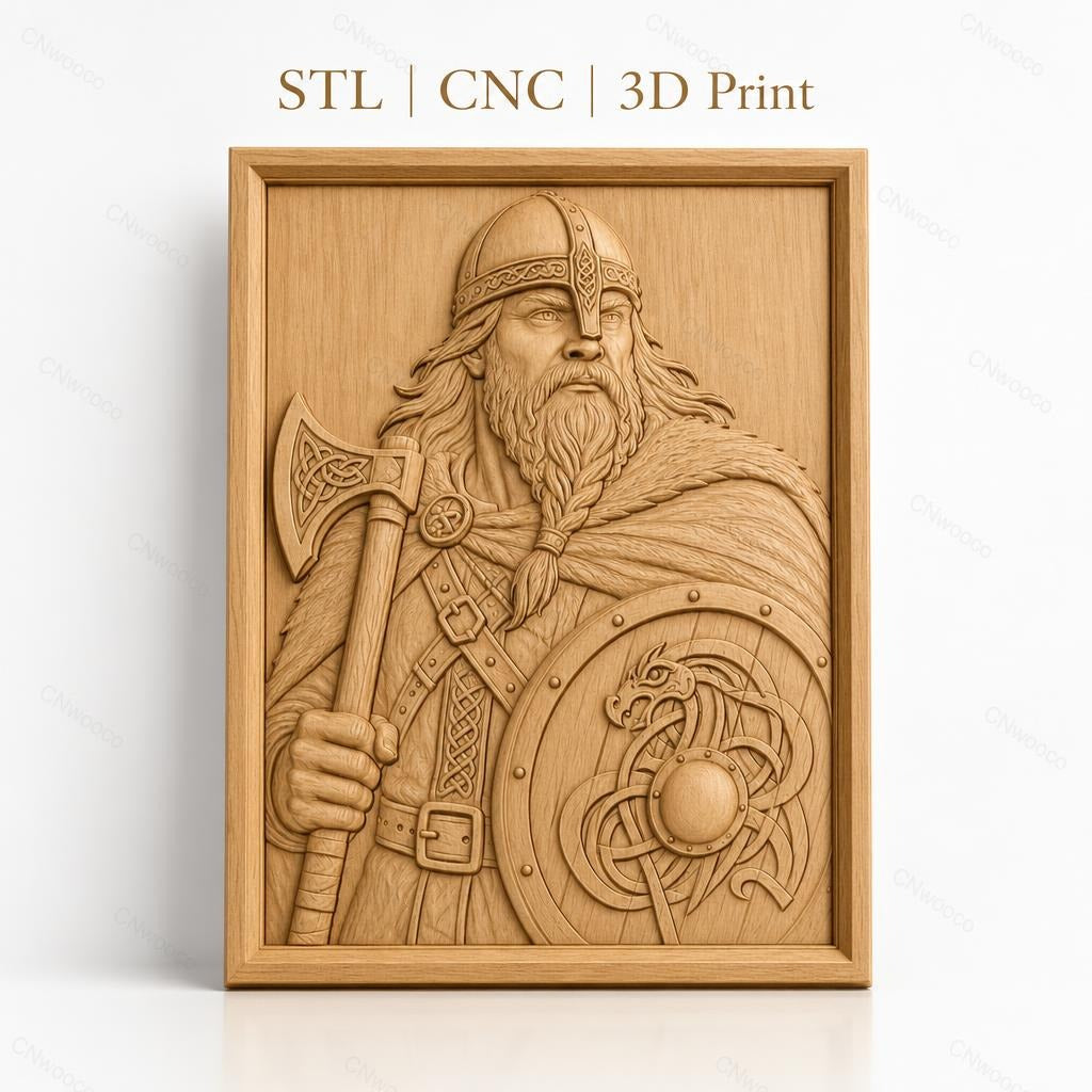 Fichier CNC & impression 3D guerrier viking, hache et bouclier avec motif dragon, haute qualité relief STL