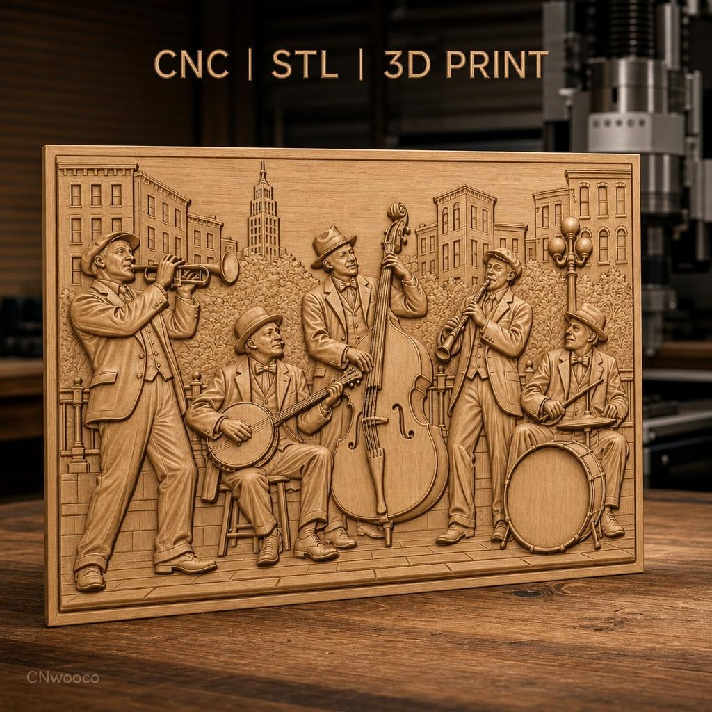 Fichier CNC & impression 3D groupe de jazz vintage, musiciens avec trompette, banjo, contrebasse, clarinette, batterie haute qualité relief STL