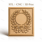 Fichier CNC & impression 3D couronne de laurier et roses, cadre circulaire décoratif, haute qualité relief STL