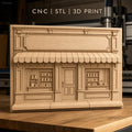 Fichier CNC & impression 3D facade boutique vintage, vitrine étagères pots, haute qualité relief STL