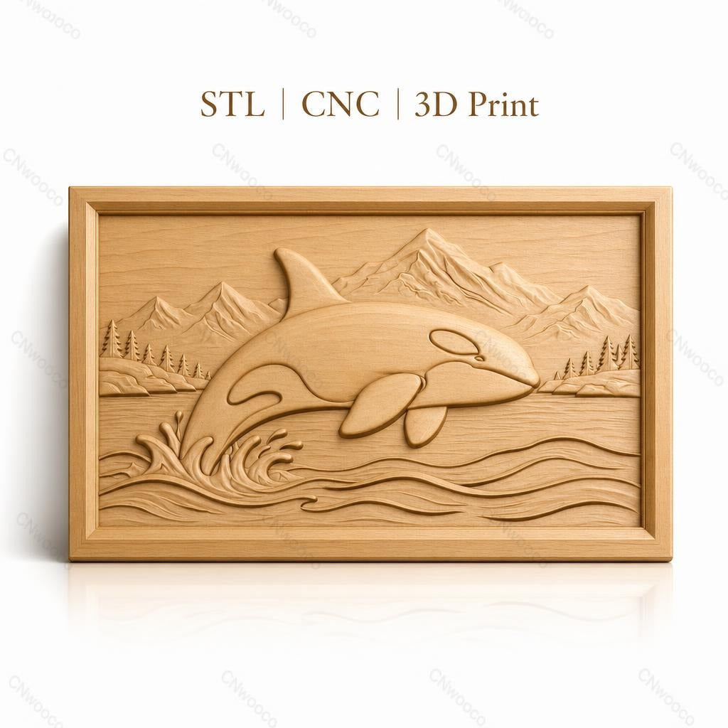 Fichier CNC & impression 3D orque sautant, vague, montagne et forêt, haute qualité relief STL