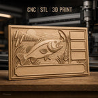 Fichier CNC & impression 3D poisson bass, canne à pêche, paysage lac haute qualité relief STL