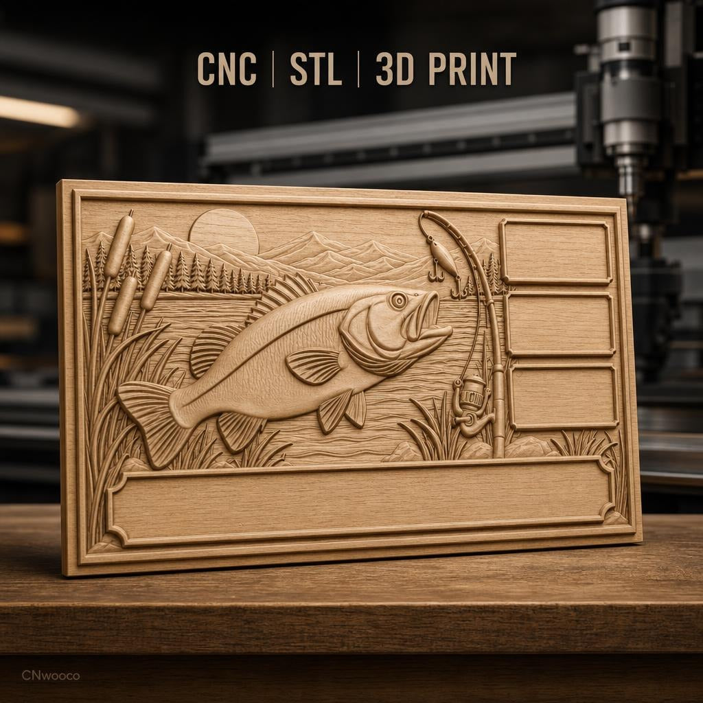 Fichier CNC & impression 3D poisson bass, canne à pêche, paysage lac haute qualité relief STL
