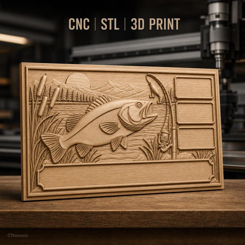 Fichier CNC & impression 3D poisson bass, canne à pêche, paysage lac haute qualité relief STL