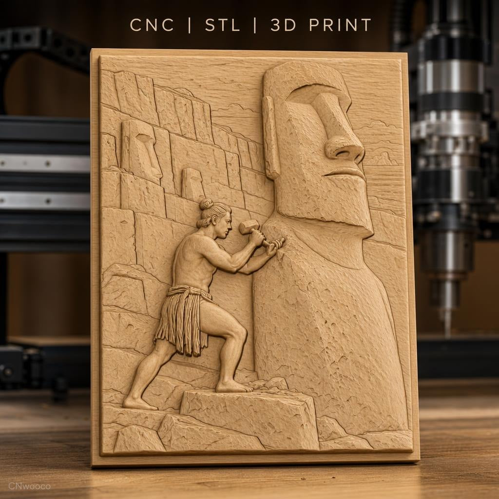 Fichier CNC & impression 3D statue Moaï et sculpteur, relief historique haute qualité relief STL
