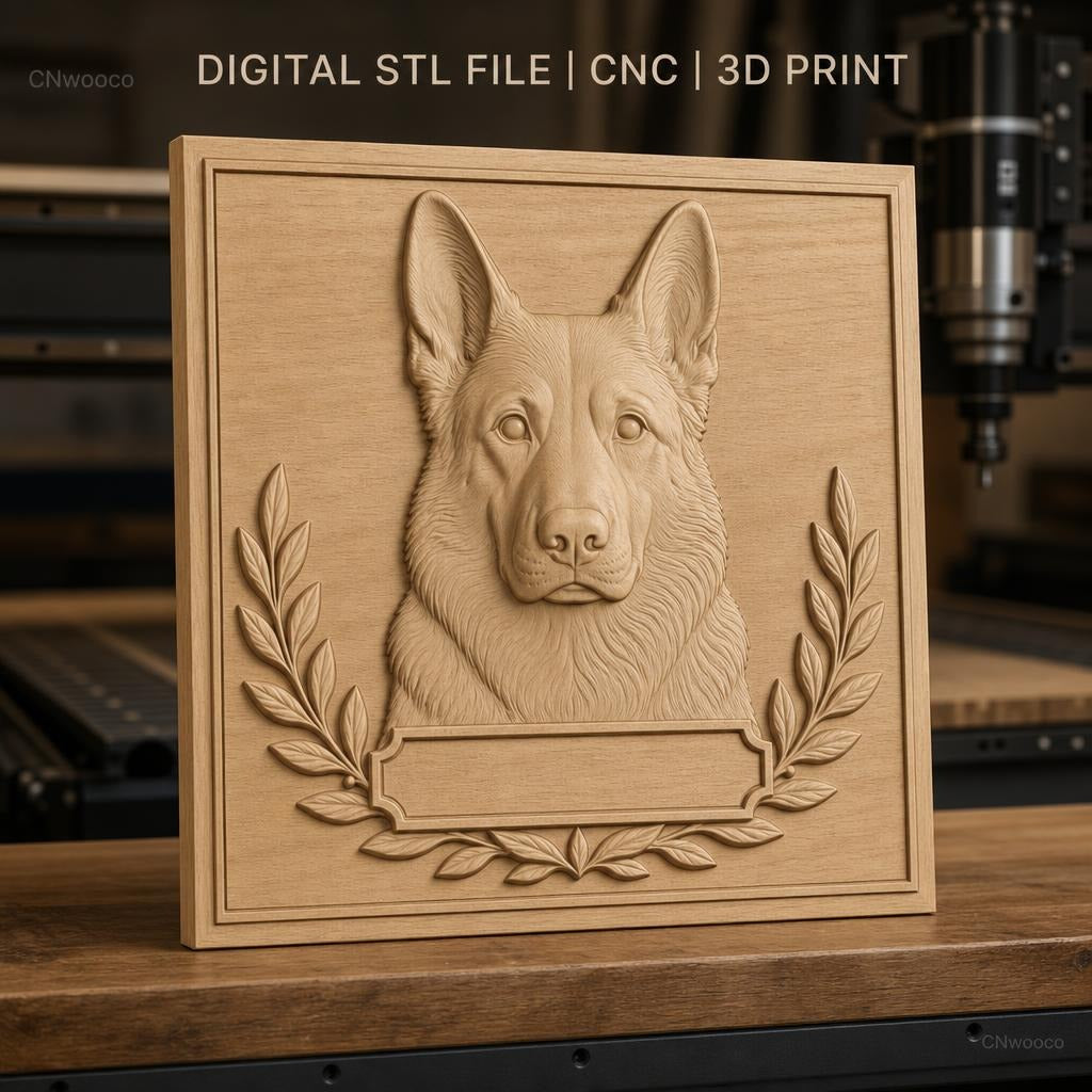 Fichier CNC & impression 3D chien berger allemand, tête de chien avec couronne de laurier, haute qualité relief STL