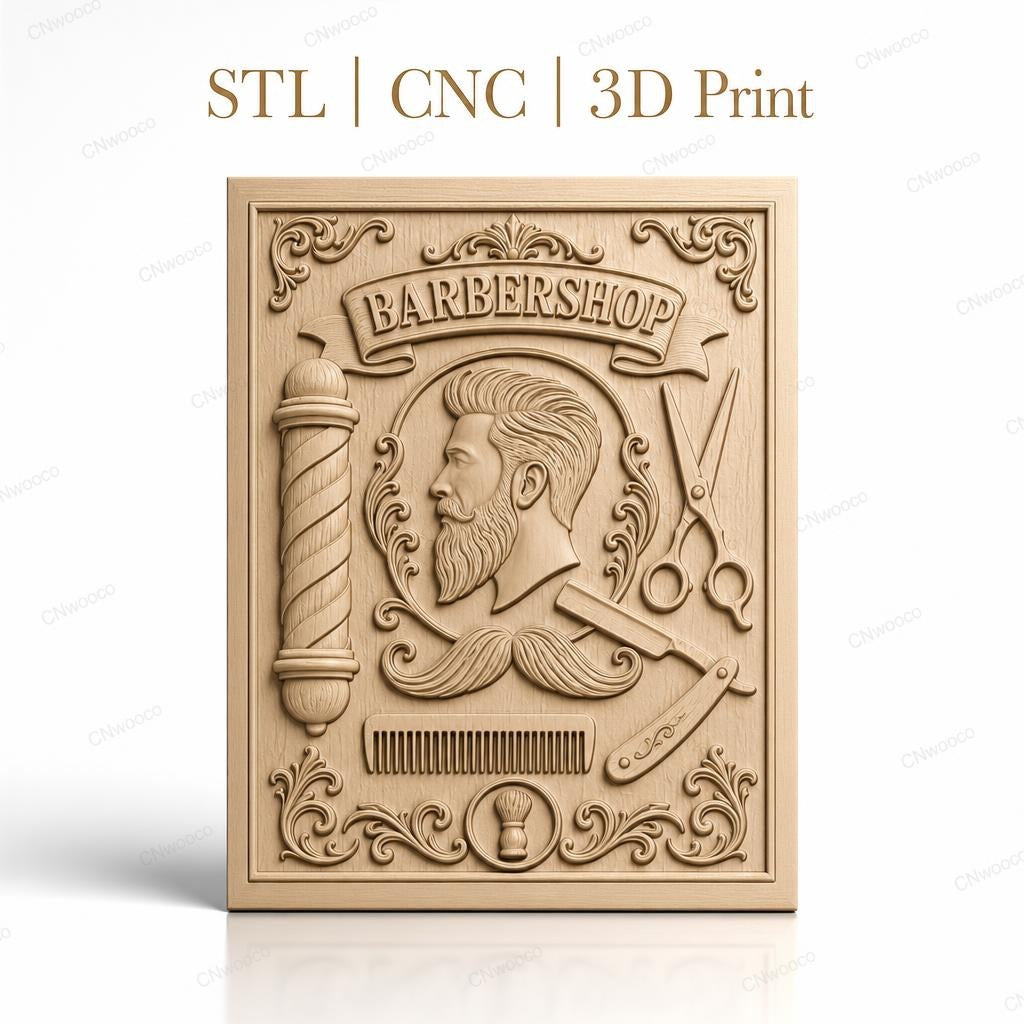 Fichier CNC & impression 3D barbershop, portrait homme, ciseaux, rasoir, peigne, décor vintage, haute qualité relief STL