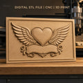 Fichier CNC & impression 3D coeur ailé avec bannière décorative, haute qualité relief STL