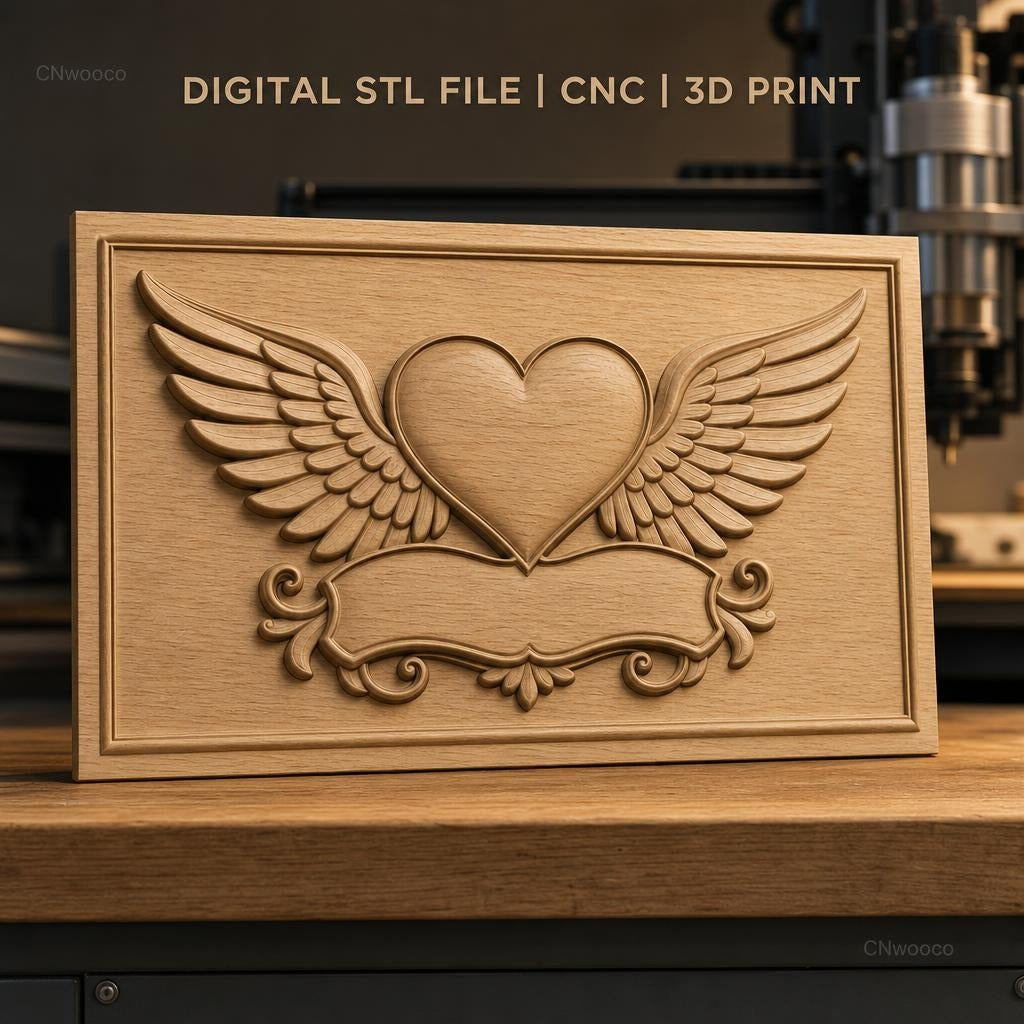Fichier CNC & impression 3D coeur ailé avec bannière décorative, haute qualité relief STL