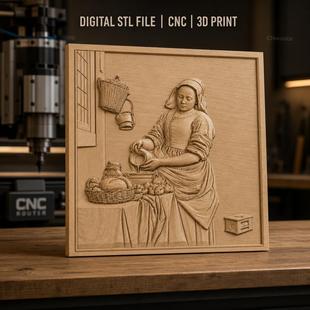 Fichier CNC & impression 3D La Laitière, femme versant du lait, panier de pain, haute qualité relief STL