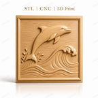 Fichier CNC & impression 3D dauphin sautant, vagues et éclaboussures, haute qualité relief STL