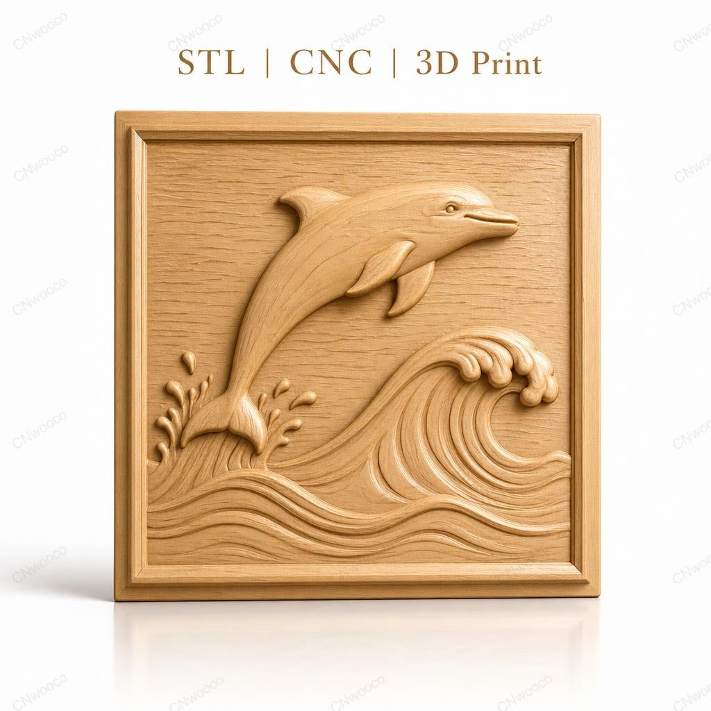 Fichier CNC & impression 3D dauphin sautant, vagues et éclaboussures, haute qualité relief STL