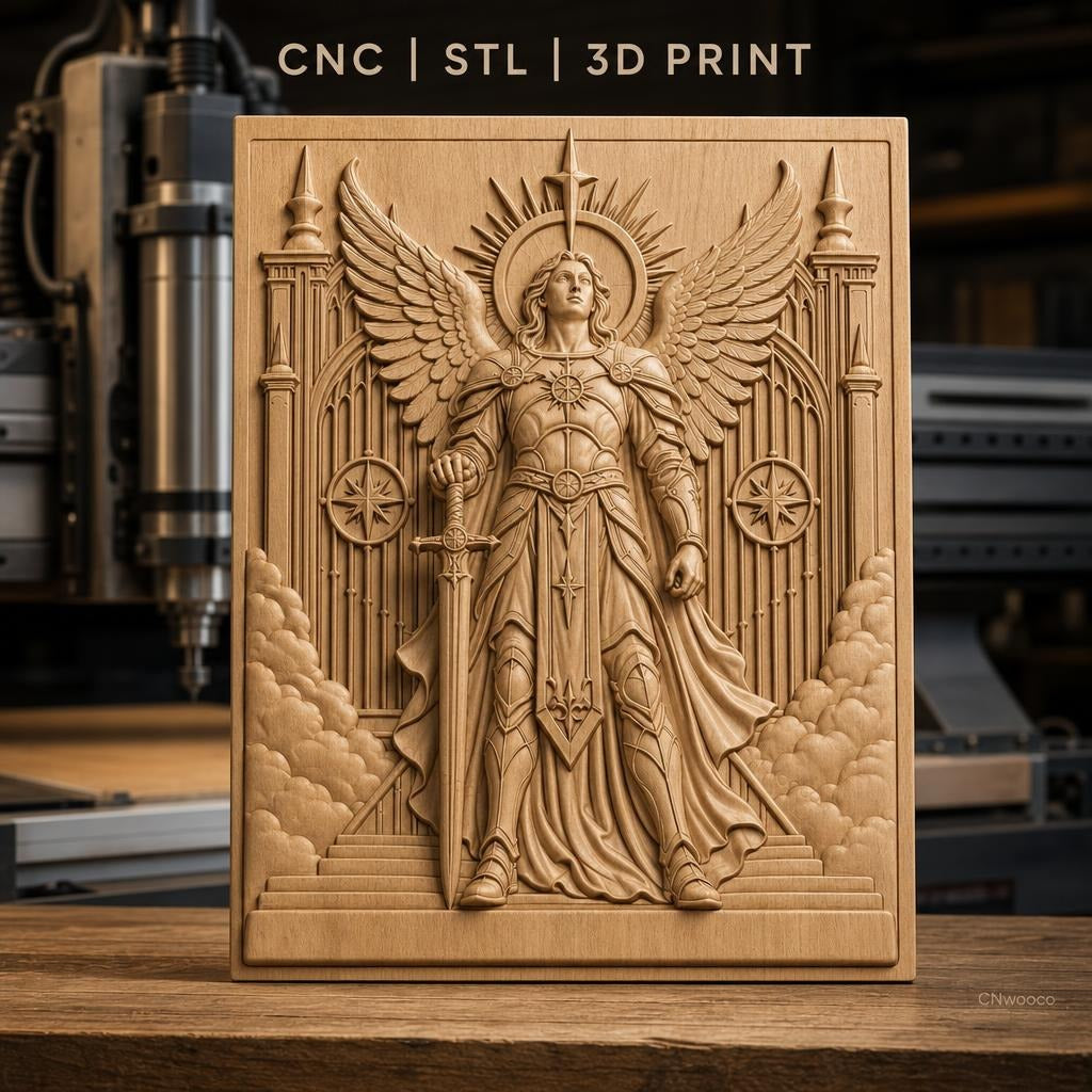 Fichier CNC & impression 3D ange guerrier, épée, ailes, portail céleste haute qualité relief STL