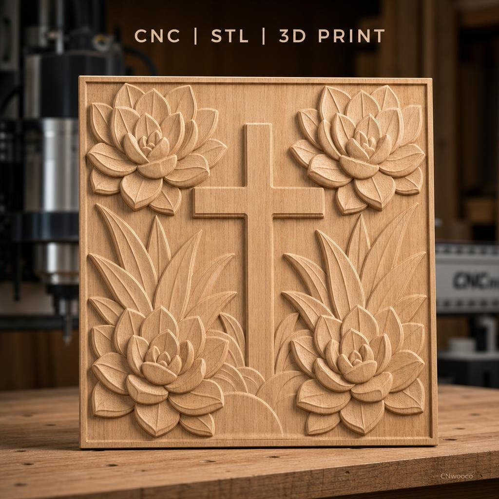 Fichier CNC & impression 3D croix et lotus, fleurs relief artistique, haute qualité relief STL