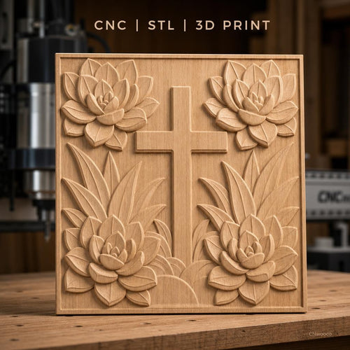 Fichier CNC & impression 3D croix et lotus, fleurs relief artistique, haute qualité relief STL