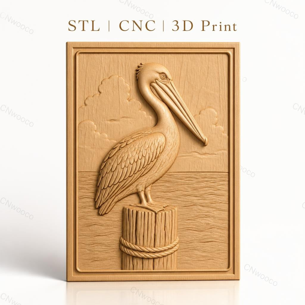 Fichier CNC & impression 3D pelican sur pieu en bois, relief marin haute qualité relief STL