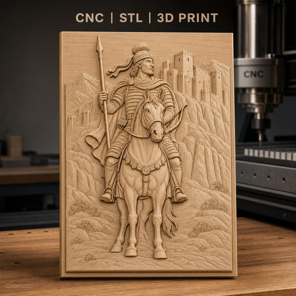 Fichier CNC & impression 3D cavalier médiéval à cheval, château et montagnes, haute qualité relief STL