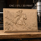 Fichier CNC & impression 3D cowboy à cheval dans canyon, paysage sauvage, haute qualité relief STL